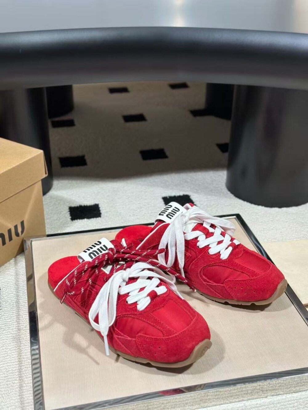 Miu Miu x New Balance Bright Red Suede Nylon Backless Mule Sneakers
